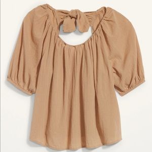 Puff-Sleeve Cutout Tie-Back Swing Blouse